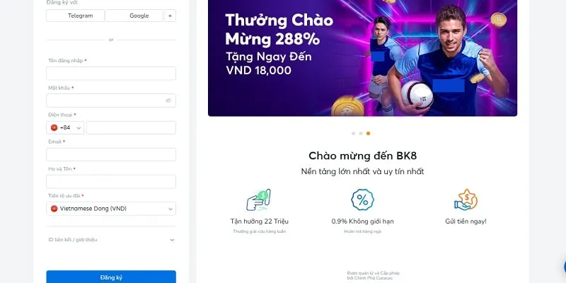 Điền thông tin vào form đăng ký BK8 tại nhà cái online